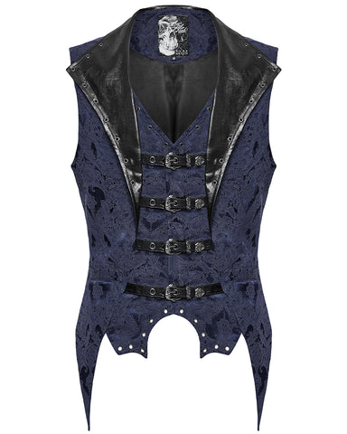 Punk Rave Mens Dark Victorian Gothic Damask Jacquard Waistcoat Vest - Blue