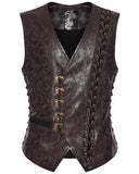 Punk Rave Mens Vintage Steampunk Asymmetric Lacing Waistcoat Vest - Brown Pinstripe