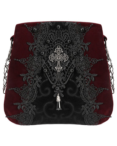 Devil Fashion Womens Gothic Crucifix Lace Applique Handbag - Red Velvet