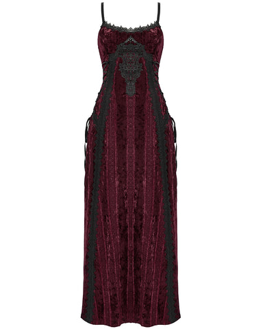 Punk Rave Daily Life Womens Long Gothic Crushed Velvet Applique Maxi Dress - Red