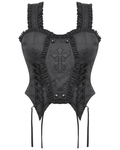 Dark In Love Womens Gothic Crucific Cobweb Jacquard Corset Top