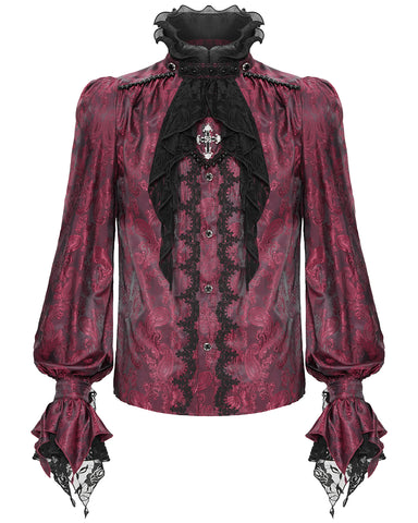 Devil Fashion Mens Gothic Crucifix Paisley Jacquard Dress Shirt & Cravat - Red & Black