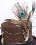 Devil Fashion Mens Steampunk Chained & Feathered Top Hat - Brown