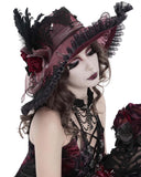 Devil Fashion Womens Baroque Gothic Rose Wide Brim Mourning Hat - Red & Black