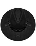 Punk Rave Daily Life Womens Gothic Beaded Wide Brim Fedora Hat - Black