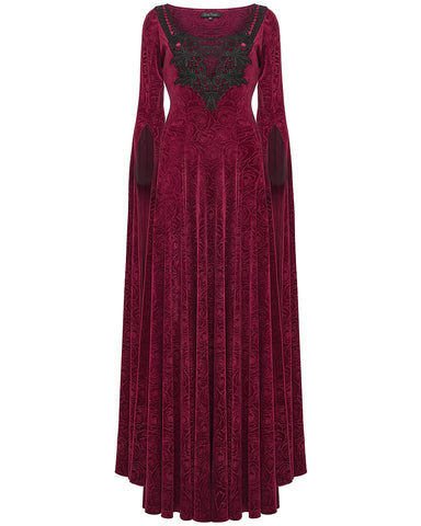 Punk Rave Womens Long Gothic Rose Velvet Flared Split Sleeve Maxi Dress - Red
