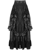 Devil Fashion Womens Long Gothic Jacquard & Lace Bustle Maxi Skirt - Black