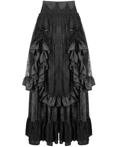 Devil Fashion Womens Long Gothic Jacquard & Lace Bustle Maxi Skirt - Black