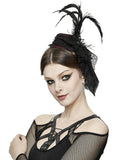 Devil Fashion Gothic Feather & Lace Mini Bowler Hat Hair Barrette - Red & Black