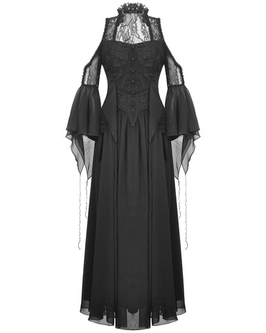 Dark In Love Long Dark Gothic Lace Cold Shoulder Maxi Dress