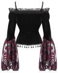 Eva Lady Dark Devore Gothic Velvet & Flocked Mesh Off Shoulder Top - Black & Red