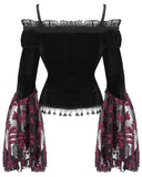 Eva Lady Dark Devore Gothic Velvet & Flocked Mesh Off Shoulder Top - Black & Red