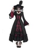 Eva Lady Womens Long Regency Gothic Jacquard & Lace Gown Dress - Black & Red