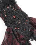 Eva Lady Dark Devore Baroque Gothic Velvet Beaded Cuff Gloves - Black & Red