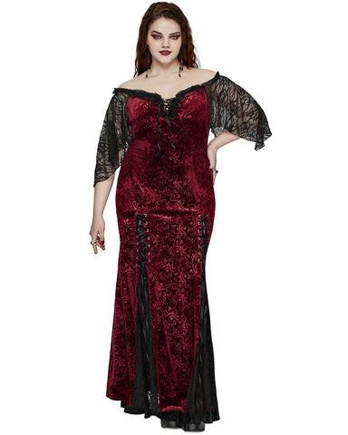 Punk Rave Plus Size Womens Gothic Embossed Velvet Off-Shoulder Maxi Dress - Red