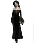 Punk Rave Womens Long Gothic Off Shoulder Maxi Dress With Devore Velvet Contrasts