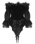 Eva Lady Baroque Gothic Velvet Feathered Rose Embellished Blouse Top - Black