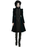 Punk Rave Womens Gothic Velvet Embellished Mid Length Military Coat - Bottle Green