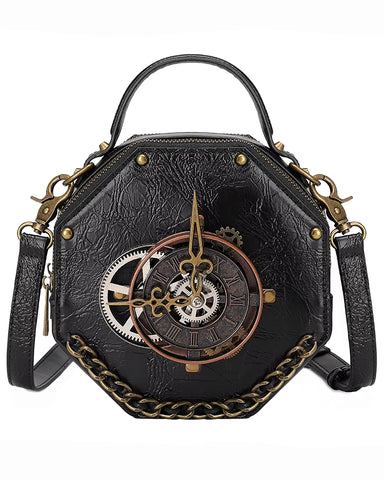 Penny Dreadful Womens Steampunk Clock Handbag Shoulder Bag Black Faux Leather