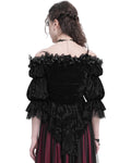 Eva Lady Baroque Gothic Velvet Feathered Rose Embellished Blouse Top - Black