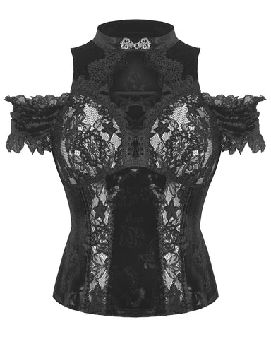 Dark In Love Womens Romantic Gothic Embossed Rose Velvet & Lace Blouse Top