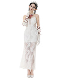 Dark In Love Womens Romantic Gothic Embroidered White Lace Mermaid Dress