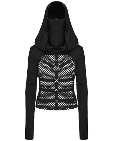 Punk Rave Womens Fishnet Strapping Hooded Muffler Top