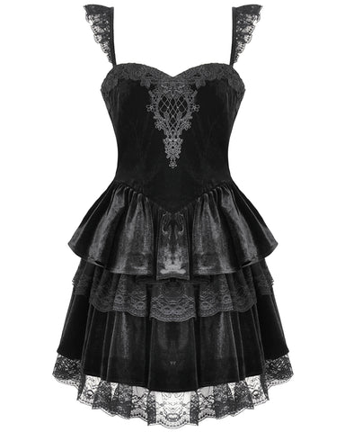 Dark In Love Womens Elegant Gothic Lolita Velvet & Lace Mini Dress