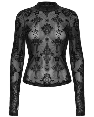 Punk Rave Womens Gothic Flocked Mesh Crucifix Top