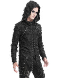 Devil Fashion Mens Apocalyptic Gothic Punk Shredded Lace Up Hooded Top Black