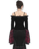 Eva Lady Dark Devore Gothic Velvet & Flocked Mesh Off Shoulder Top - Black & Red