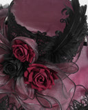 Devil Fashion Womens Baroque Gothic Rose Wide Brim Mourning Hat - Red & Black