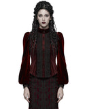 Punk Rave Womens Elegant Gothic Striped Velvet & Lace Applique Blouse Top - Red