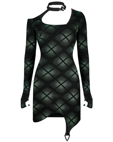 Punk Rave Daily Life Casual Dark Punk Plaid Printed Cyberpunk Dress - Black & Green