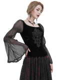 Devil Fashion Womens Dark Gothic Courtesan Lace Applique Velvet Blouse Top