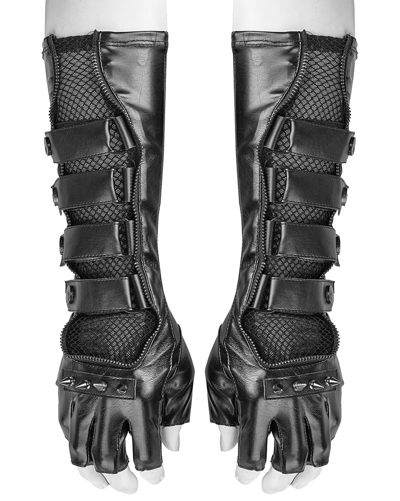 Punk Rave Acropolis Mens Long PU Mesh Spiked Fingerless Gloves