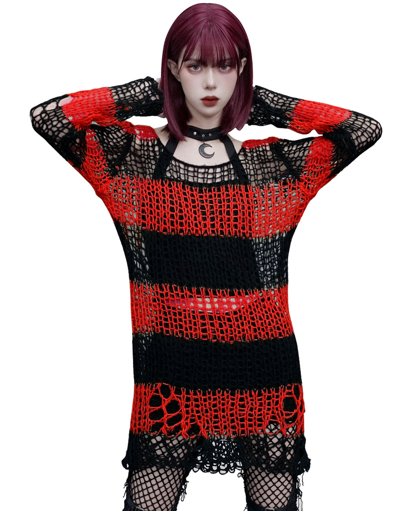 Punk Rave Womens Shredded Broken Knit Sweater Top - Black & Red Stripe ...