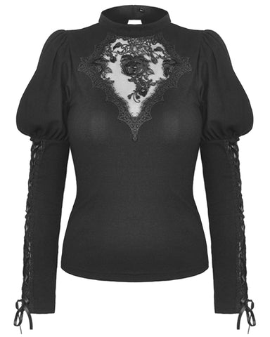 PUNK RAVE Women's Gothic Lace Puff Sleeves Sexy T-Shirt Large V-neck  Texture Pleat Symmetrical Hem Dark Tops Autumn/winter