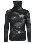 Punk Rave Mens Apocalyptic Gothic Spliced Tie Dye Mesh Muffler Top Black Grey