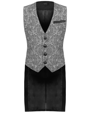Devil Fashion Mens Gothic Aristocrat Jacquard Tailed Waistcoat - Black & Grey