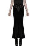 Punk Rave Womens Gothic Lace Applique Velvet Maxi Skirt - Black & Red