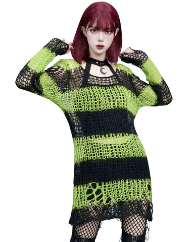 Punk Rave Womens Shredded Broken Knit Sweater Top - Black & Green Stripe