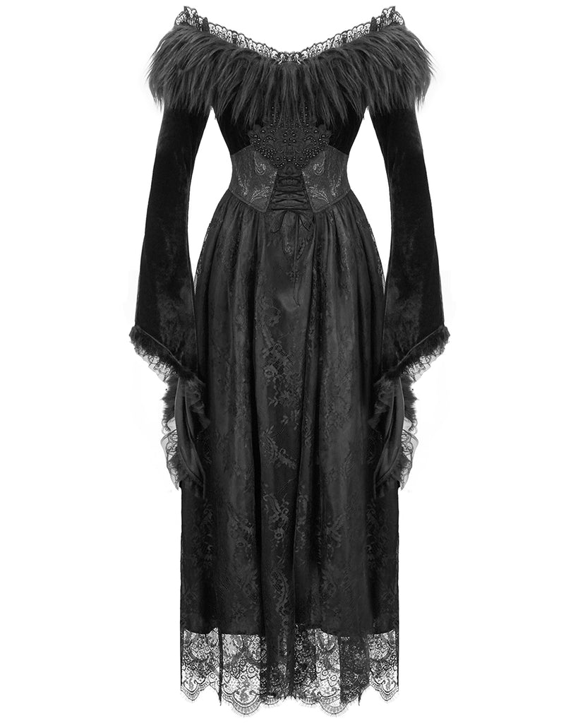 Women Girls Black Gothic Dress Long Sleeves Polyester Ruffle Dress with Bows