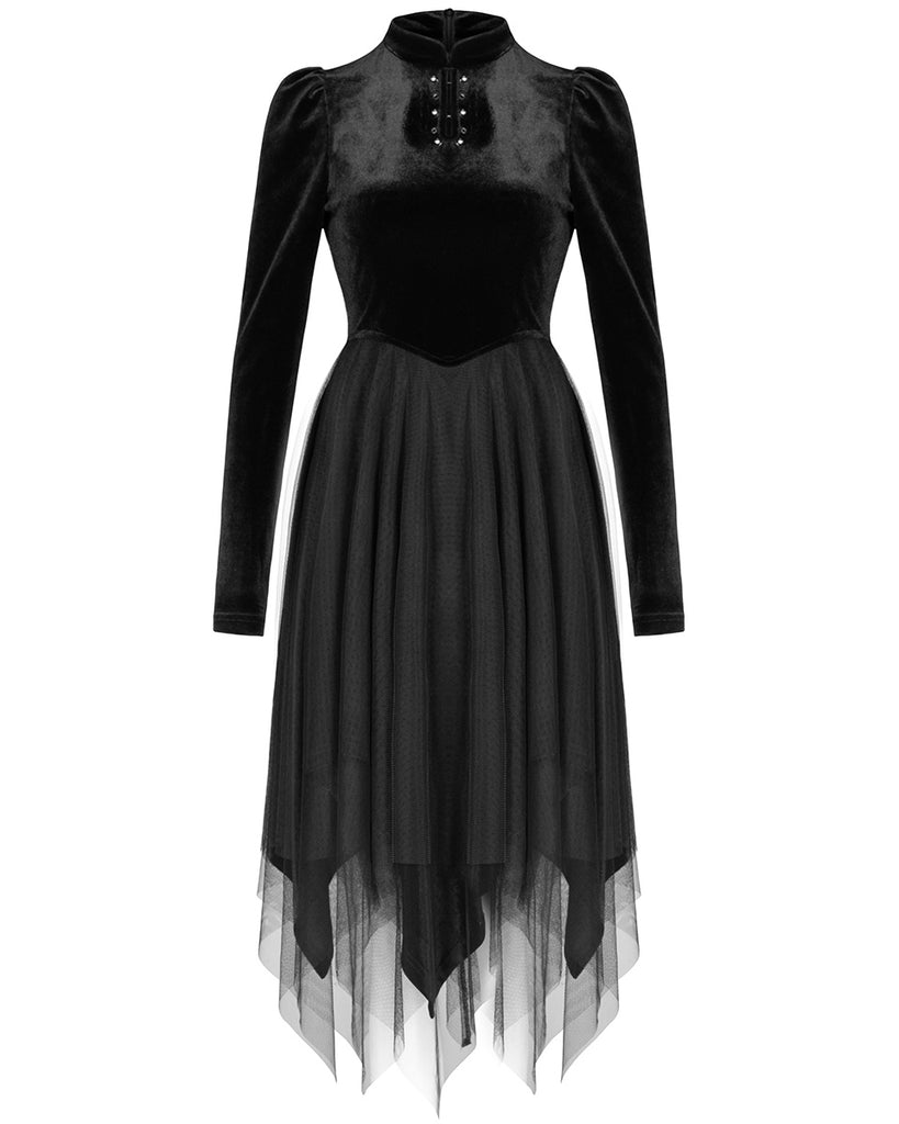 black velvet witch dress Black Velvet Witch Dress, Short Long Sleeve Dress with Choker