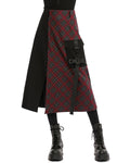 Punk Rave Daily Life Gothic Techwear Cargo Midi Skirt - Black & Red Plaid
