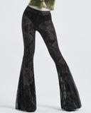 Punk Rave Womens Apocalyptic Goth Sheer Mesh Fishnet Flare Leggings Bell Bottoms