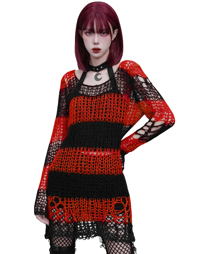 Punk Rave Womens Shredded Broken Knit Sweater Top - Black & Red Stripe ...