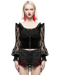 Punk Rave Daily Life Casual Gothic Flocked Velvet Rose Lace Blouse Top Dqf
