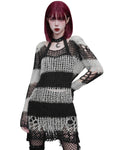 Punk Rave Womens Shredded Broken Knit Sweater Top - Black & White Stripe