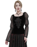 Devil Fashion Womens Dark Gothic Courtesan Lace Applique Velvet Blouse Top